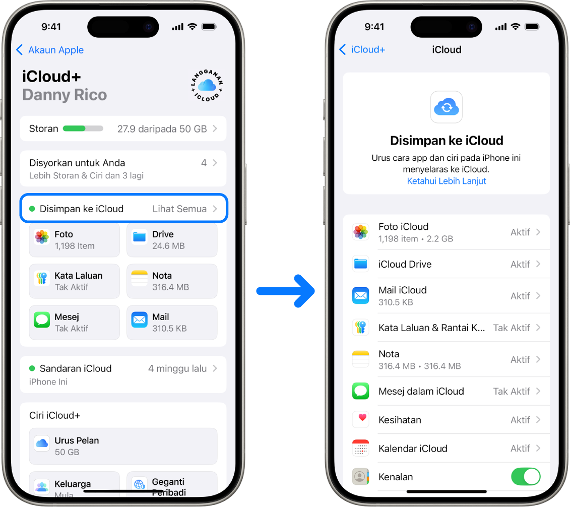 iPhone menunjukkan akaun Akaun Apple mendaftar masuk dengan pelbagai perkhidmatan iCloud diaktifkan.