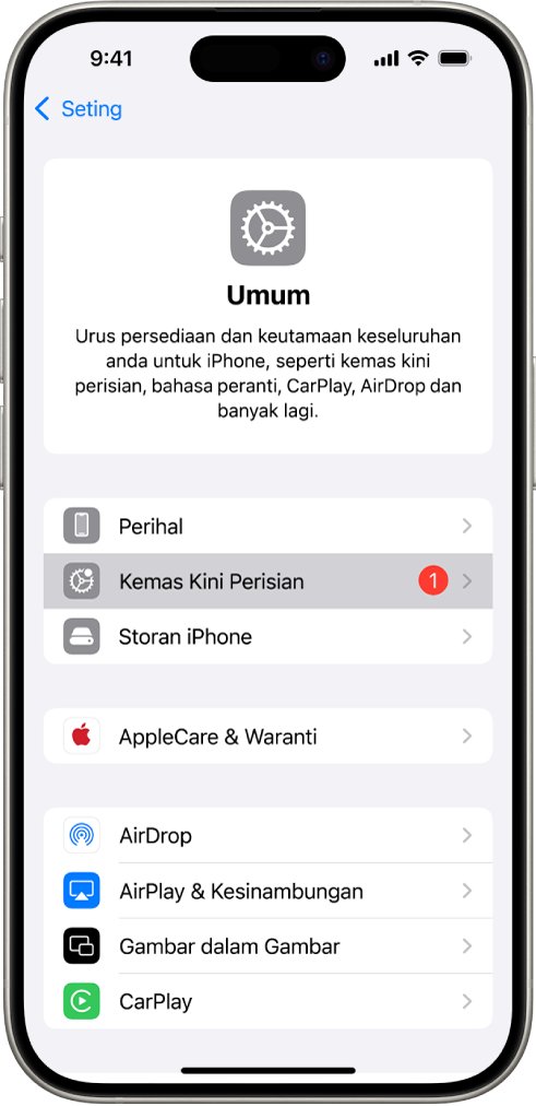 Skrin iPhone menunjukkan yang kemas kini perisian tersedia.