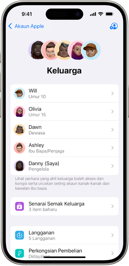 Skrin Perkongsian Keluarga dalam Seting. Lima ahli keluarga disenaraikan dan empat langganan dikongsi dengan keluarga.