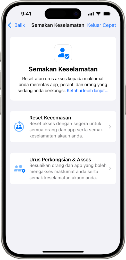 iPhone menunjukkan skrin persediaan Semakan Keselamatan.