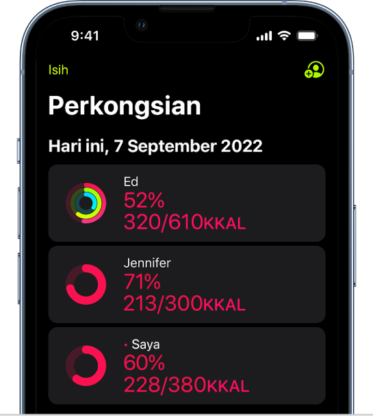 Skrin iPhone menunjukkan data aktiviti dikongsi dengan dua orang lain.