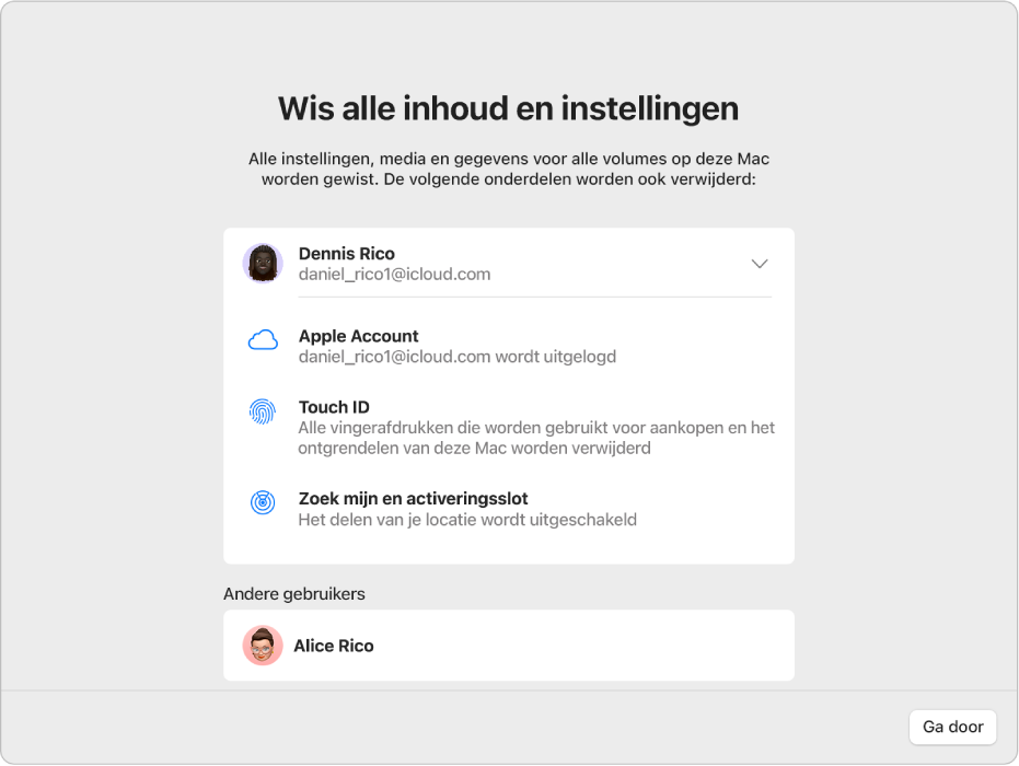 Een Mac-venster met de assistent voor het wissen van alle inhoud en instellingen.