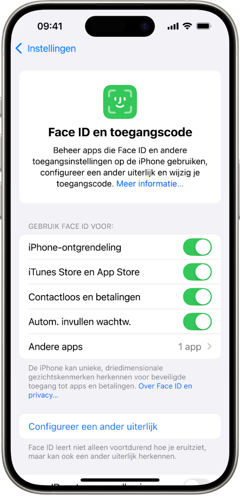 Het Face ID-scherm op de iPhone waarop te zien is waarvoor Face ID kan worden gebruikt, zoals het ontgrendelen van de iPhone, de iTunes Store en App Store, Wallet en Apple Pay en het automatisch invullen van wachtwoorden.