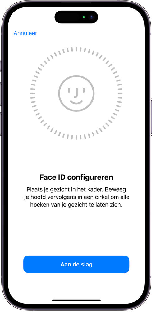 Het configuratiescherm voor Face ID-herkenning. Op het scherm is een gezicht in een cirkel te zien. Daaronder wordt met tekst aangegeven dat gebruikers hun hoofd langzaam moeten bewegen om de cirkel rond te maken.