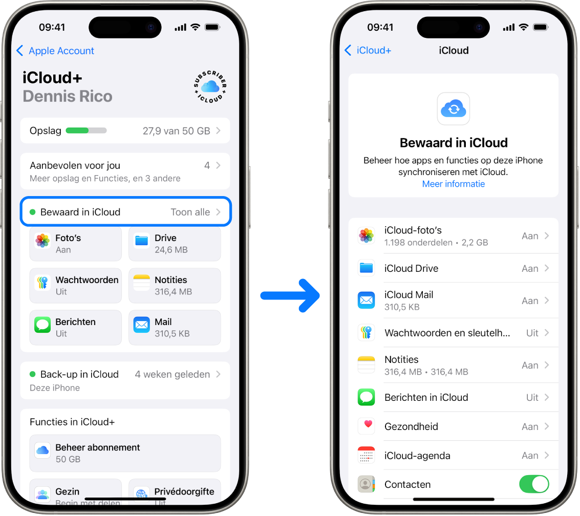 Een iPhone met een Apple Account waarbij is ingelogd terwijl verschillende iCloud-voorzieningen zijn ingeschakeld.