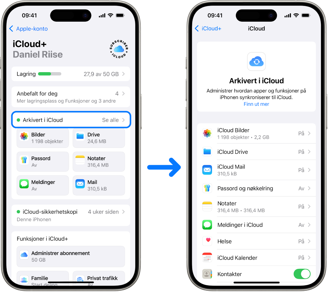 En iPhone som viser en Apple-konto som er logget på, med forskjellige iCloud-tjenester slått på.