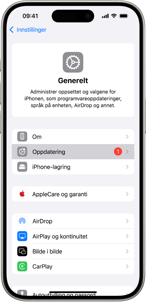 iPhone-skjermen som viser at en programvareoppdatering er tilgjengelig.
