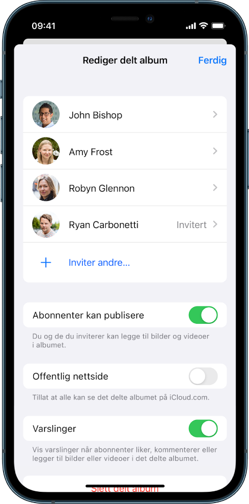 En iPhone-skjerm som viser et delt bildealbum og personene som albumet er delt med.