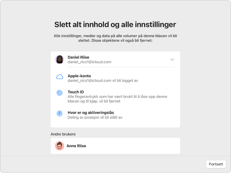 Et Mac-vindu som viser Slett alt innhold og alle innstillinger-assistenten.