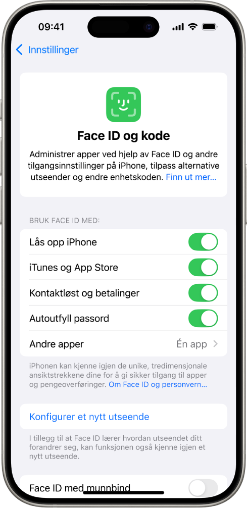 Face ID-skjermen på iPhone viser hva Face ID kan brukes til, for eksempel til å låse opp iPhone, i iTunes og App Store, Lommebok og Apple Pay og Autoutfyll passord.