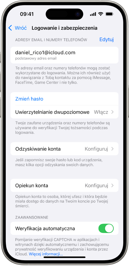 Ekran iPhone’a z wyłączonym uwierzytelnianiem dwupoziomowym.
