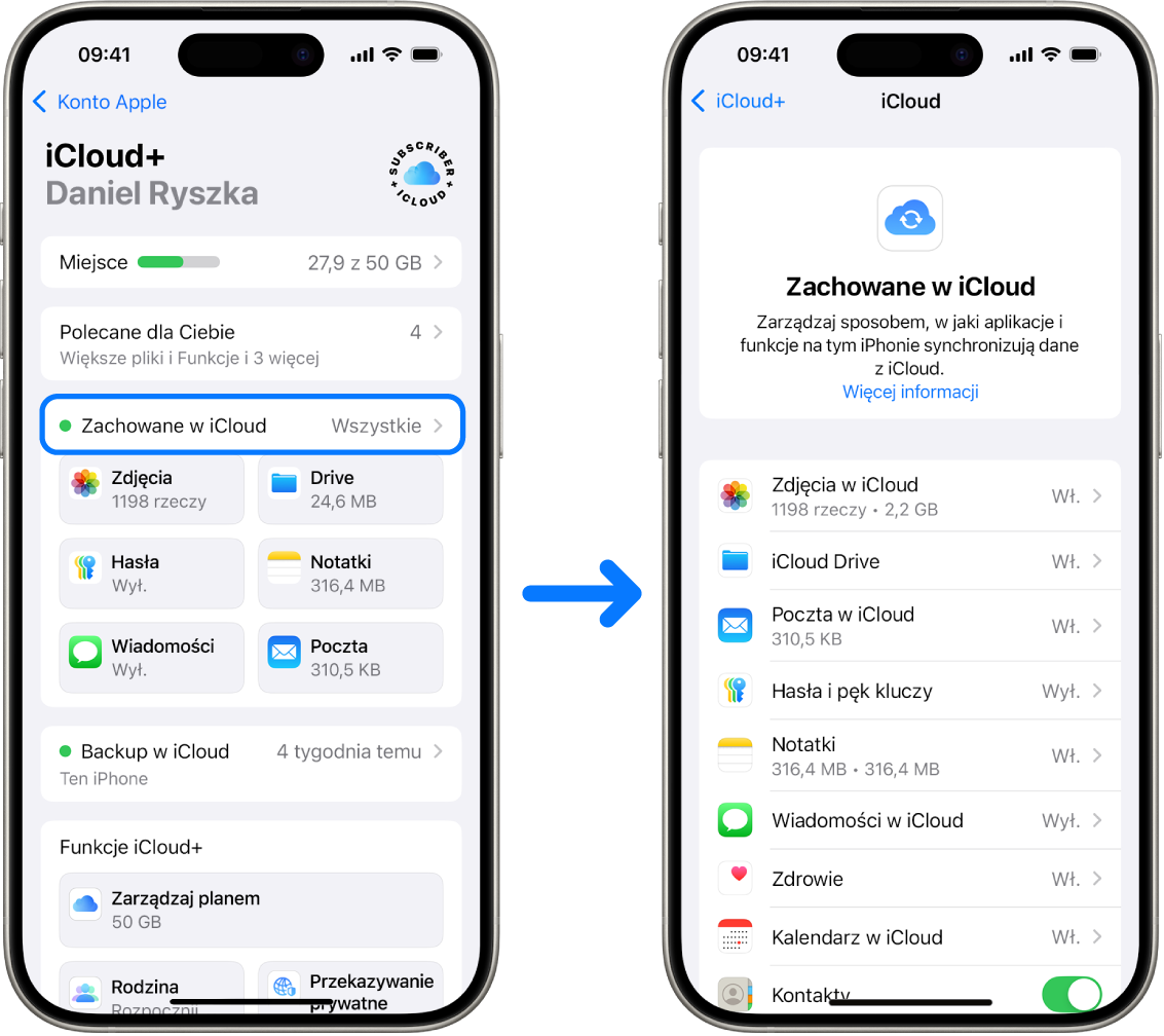 iPhone z zalogowanym kontem Apple oraz włączonymi różnymi funkcjami iCloud.