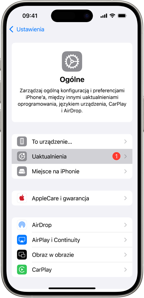 Ekran iPhone’a z informacją, że dostępne jest uaktualnienie oprogramowania.