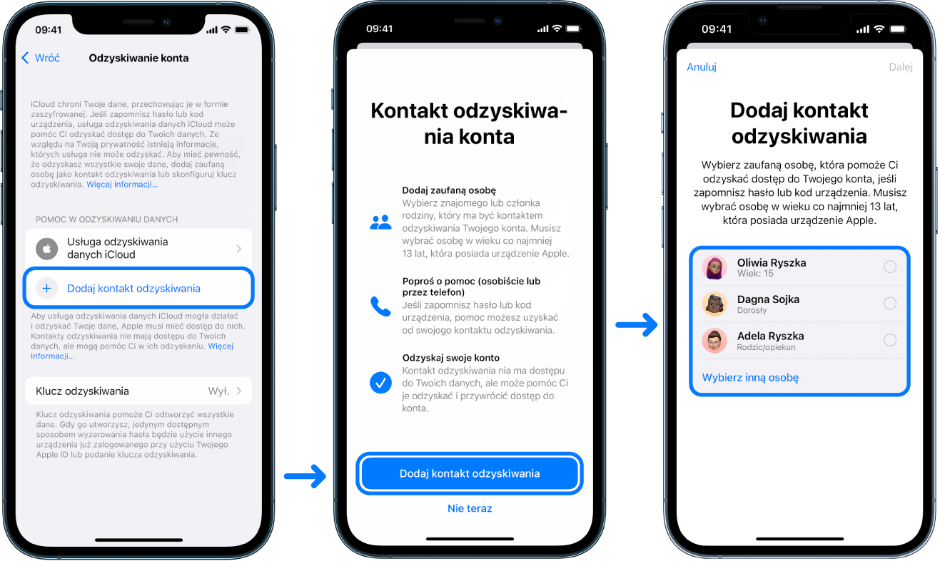 Na trzech ekranach iPhone’a pokazano, jak dodać kontakty odzyskiwania konta.