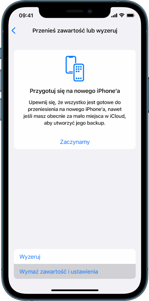 Ekran iPhone’a z wybraną opcją Wymaż zawartość i ustawienia.