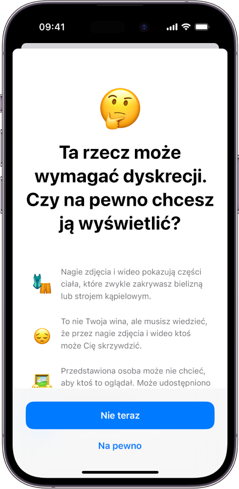 iPhone wyświetlający ekran z ostrzeżeniem o treściach wymagających dyskrecji.