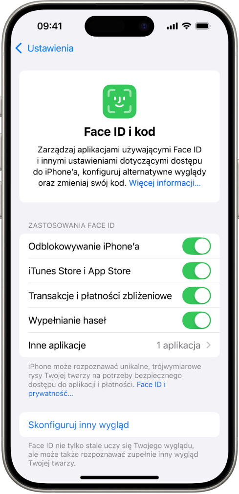 Ekran iPhone’a z informacjami o możliwych zastosowaniach Face ID, takich jak odblokowywanie iPhone’a, iTunes i App Store, Portfel i Apple Pay oraz automatyczne wypełnianie haseł.