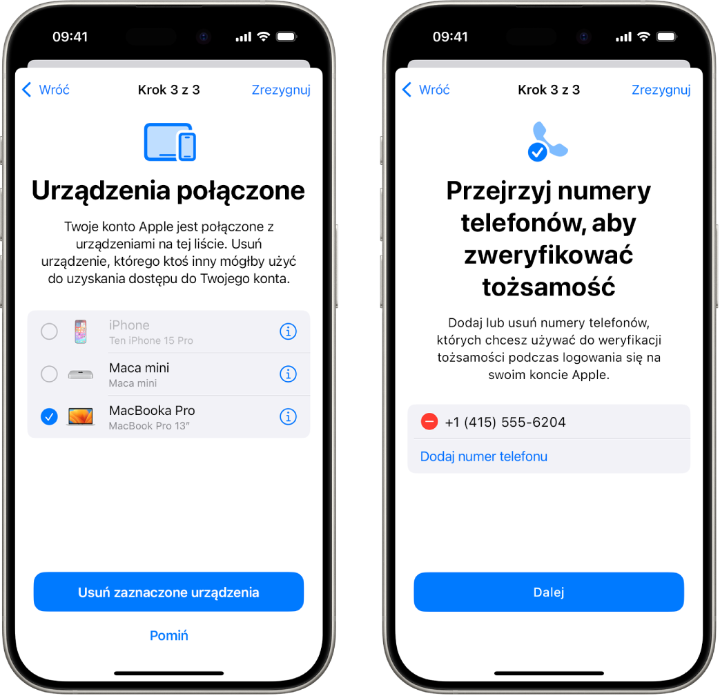 Dwa ekrany iPhone’a przedstawiające (1) zaznaczone urządzenie do usunięcia z zaufanych urządzeń, (2) ekran do edycji zaufanych numerów telefonów.