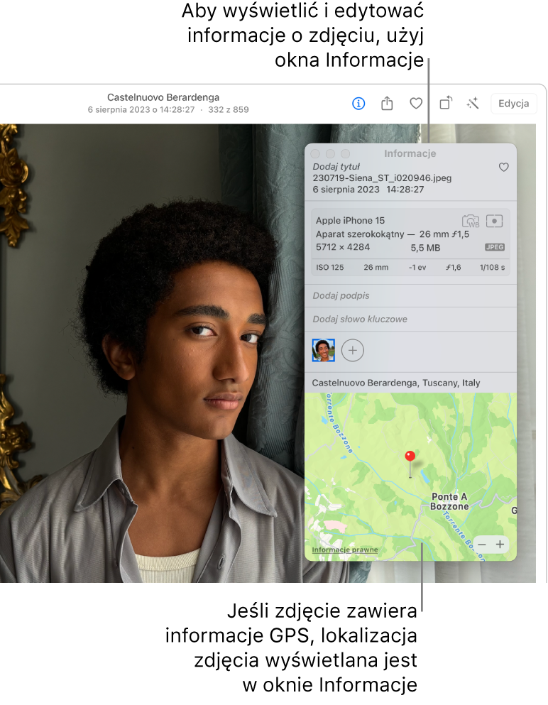 Zdjęcie z wyświetlonymi informacjami o położeniu.