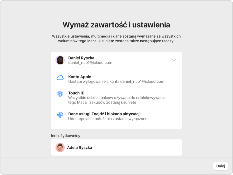 Okno Maca pokazujące asystenta funkcji Wymaż zawartość i ustawienia.