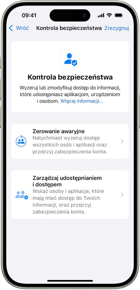 iPhone wyświetlający ekran funkcji Kontrola bezpieczeństwa.