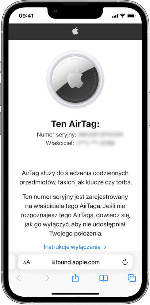 Ekran iPhone’a z wyświetlonymi informacjami dotyczącymi AirTaga.