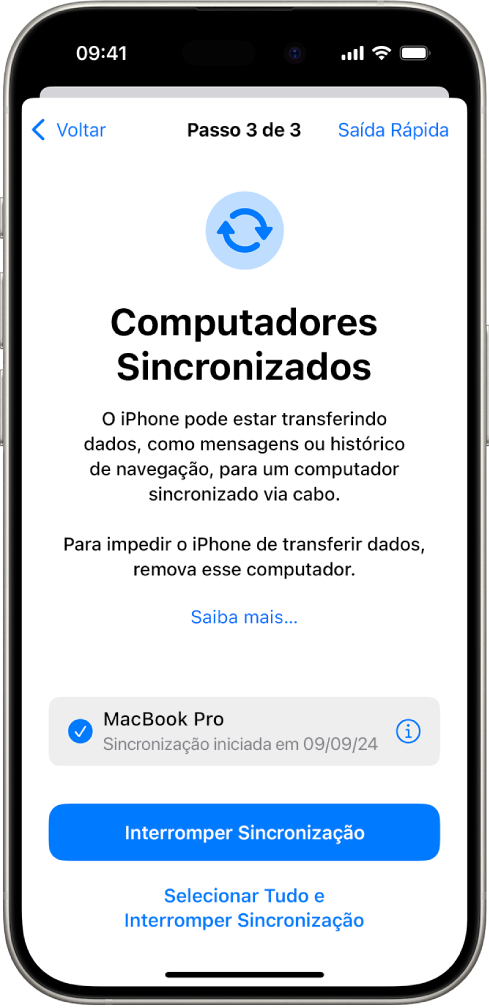 A tela de um iPhone mostrando a tela Computadores Sincronizados.