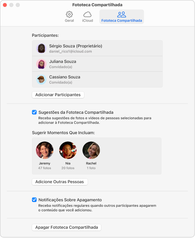 O painel Fototeca Compartilhada dos ajustes do app Fotos.