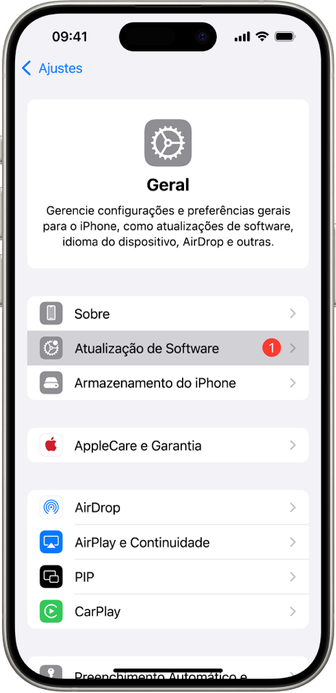 Tela do iPhone mostrando que uma atualização de software está disponível.