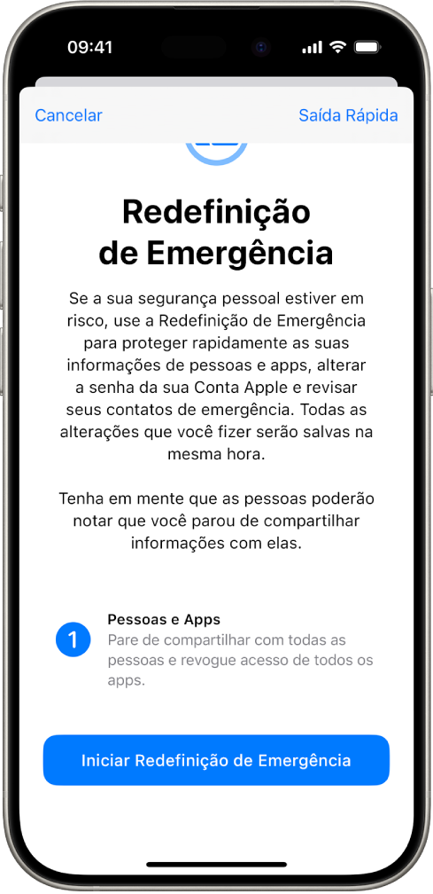 Tela mostrando o botão para iniciar a Redefinição de Emergência.