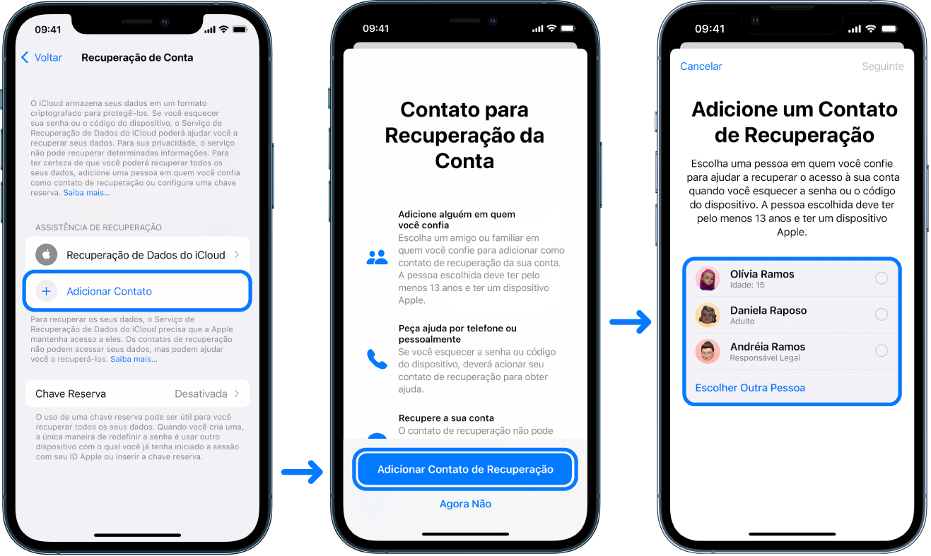 Três telas de iPhone mostrando como adicionar contatos de Recuperação da Conta.