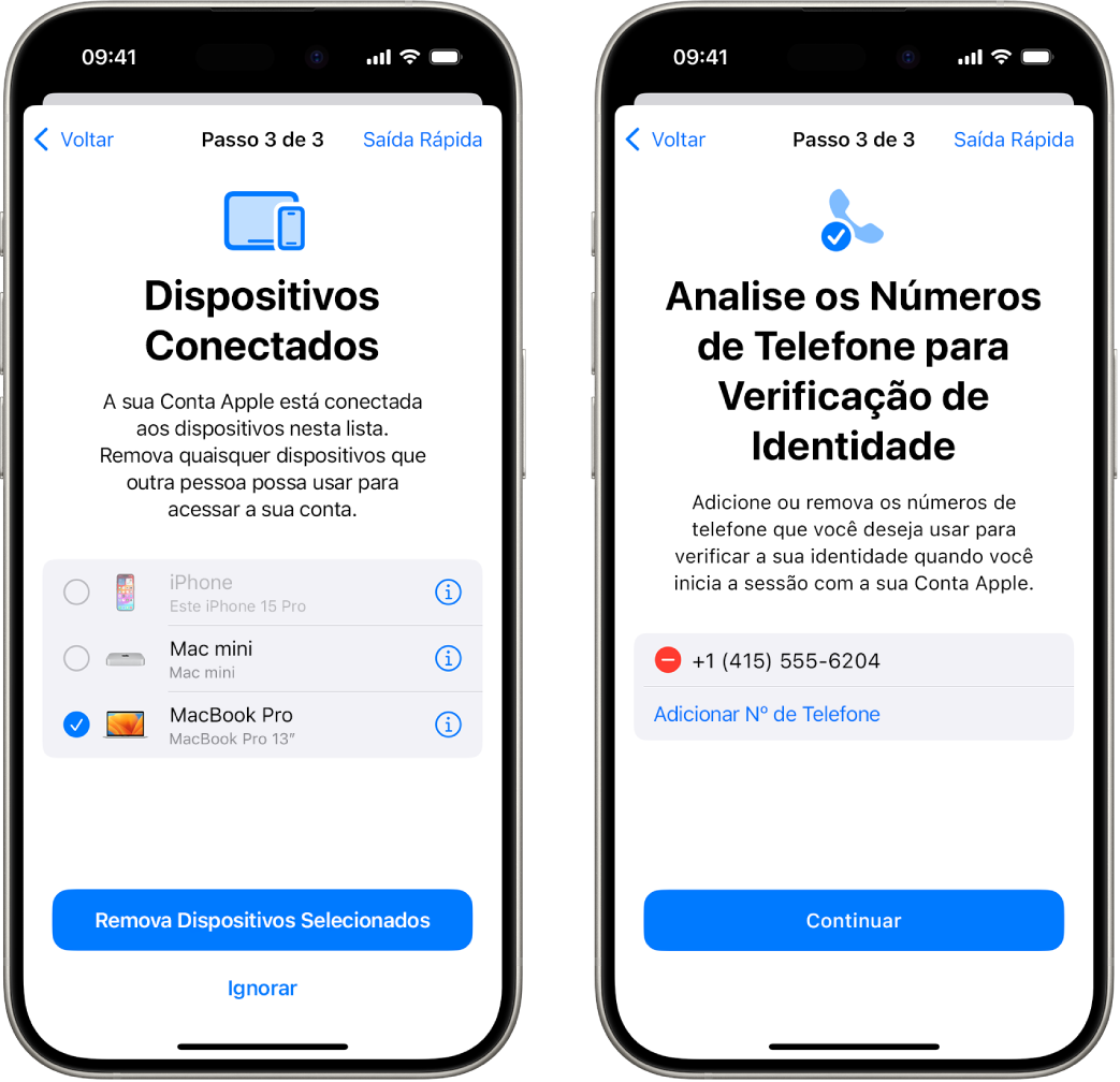 Duas telas de iPhone mostrando (1) um dispositivo selecionado para ser removido dos dispositivos de confiança e (2) uma tela para editar os números de telefone de confiança.
