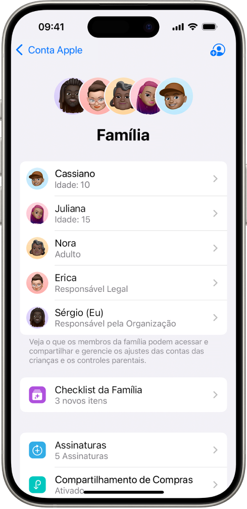 Tela do Compartilhamento Familiar nos Ajustes. Cinco membros da família aparecem na lista e quatro assinaturas são compartilhadas com a família.