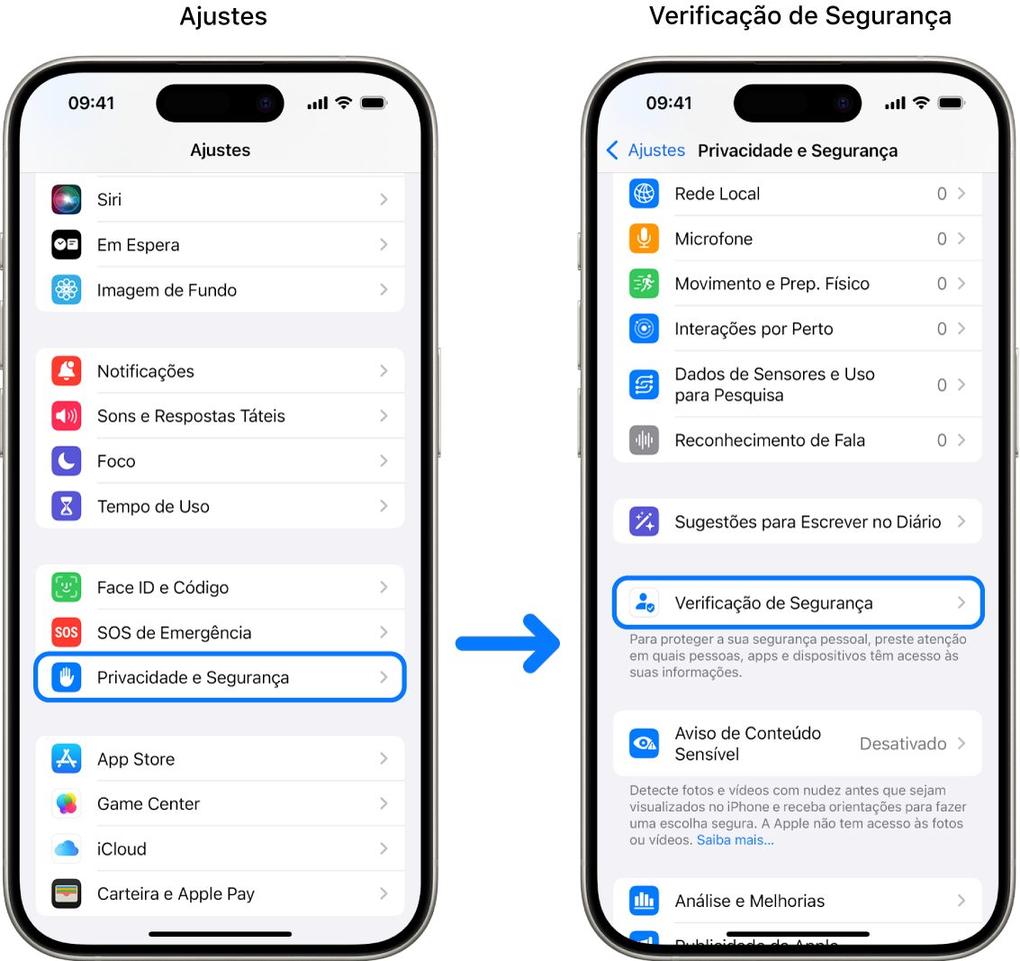 A maneira de acessar a Verificação de Segurança no app Ajustes.