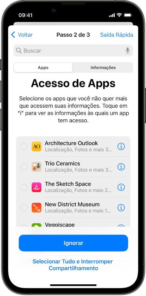 Tela da Verificação de Segurança mostrando as informações compartilhadas com apps específicos.