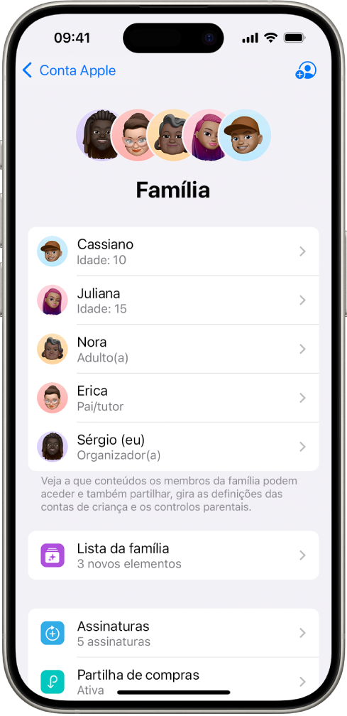 O ecrã Partilha com a família nas Definições. Estão indicados cinco membros da família e são partilhadas quatro assinaturas com a família.