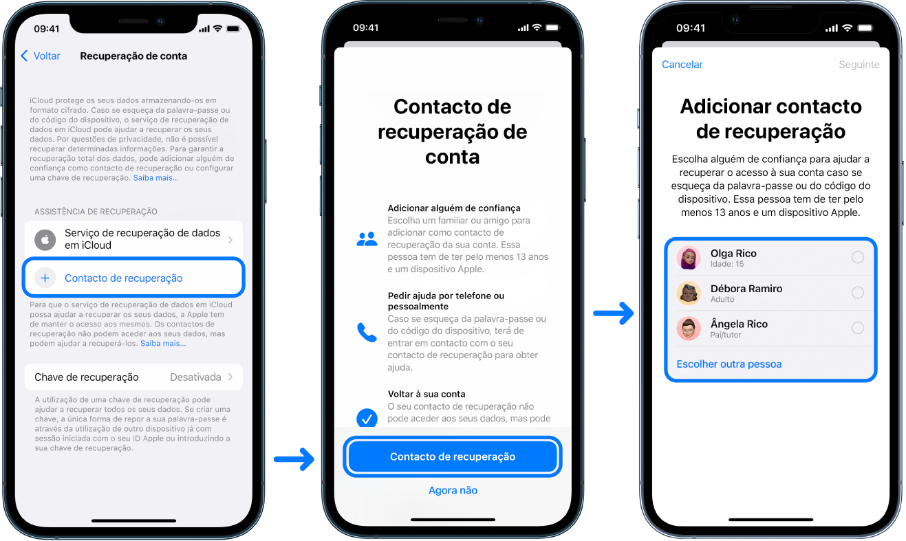 Três ecrãs do iPhone mostram como adicionar contactos de recuperação de conta.
