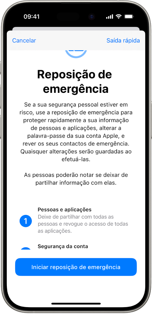 Um ecrã mostra o botão para iniciar a Reposição de emergência.