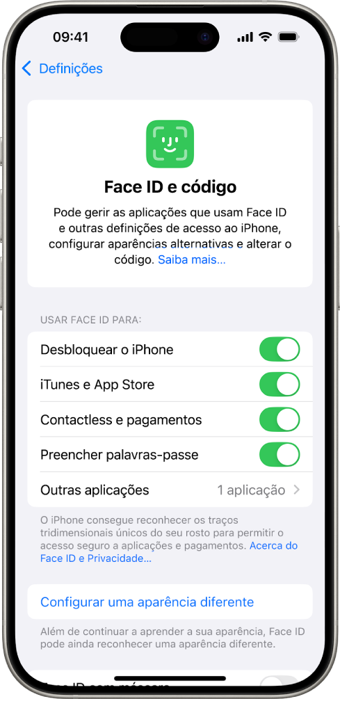 O ecrã de Face ID do iPhone mostra os diferentes usos de Face ID: Desbloquear o iPhone, iTunes e App Store, Carteira e Apple Pay e Autopreencher palavra-passe.