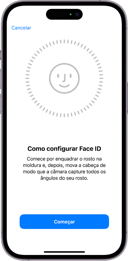 O ecrã de configuração do reconhecimento através do Face ID. No ecrã, está um rosto enquadrado num círculo. Por baixo, o texto indica ao utilizador que deve mover a cabeça devagar para completar o círculo.