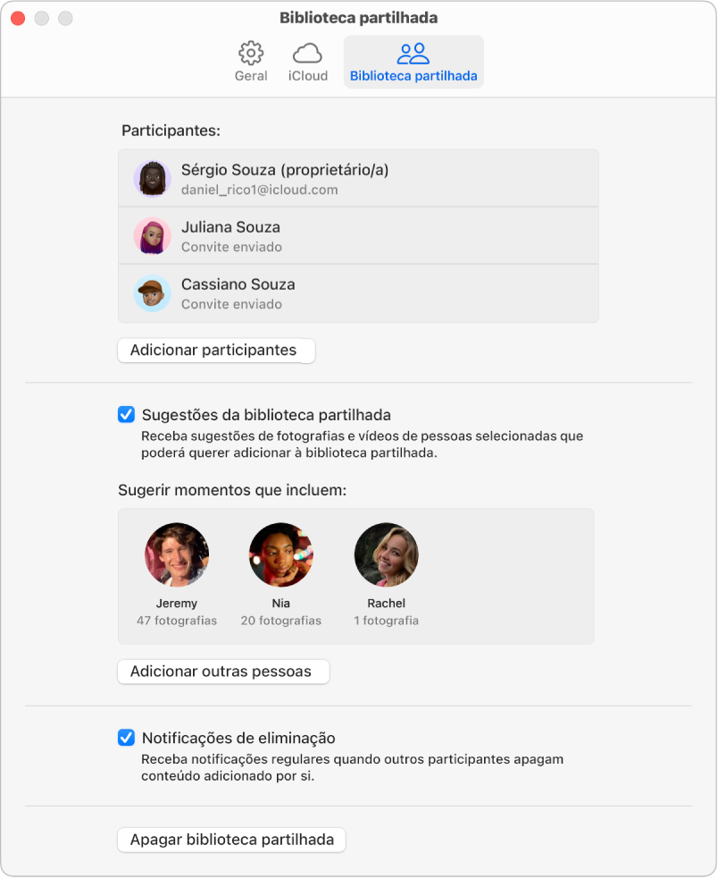 O painel “Biblioteca partilhada” das definições da aplicação Fotografias.