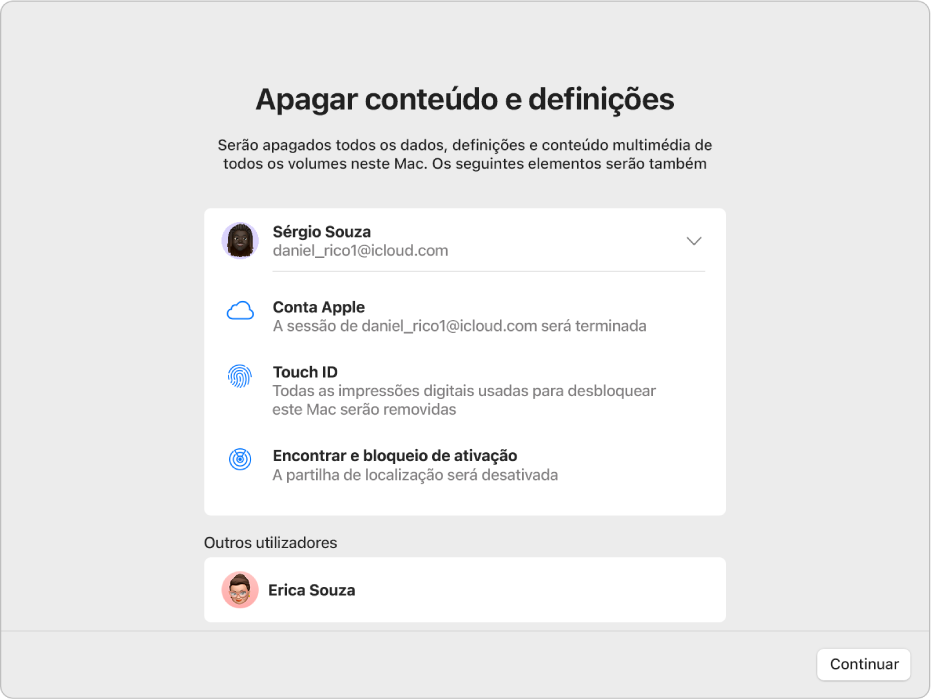 A janela de um Mac mostra a opção Apagar todo o conteúdo e o Assistente de Definições.