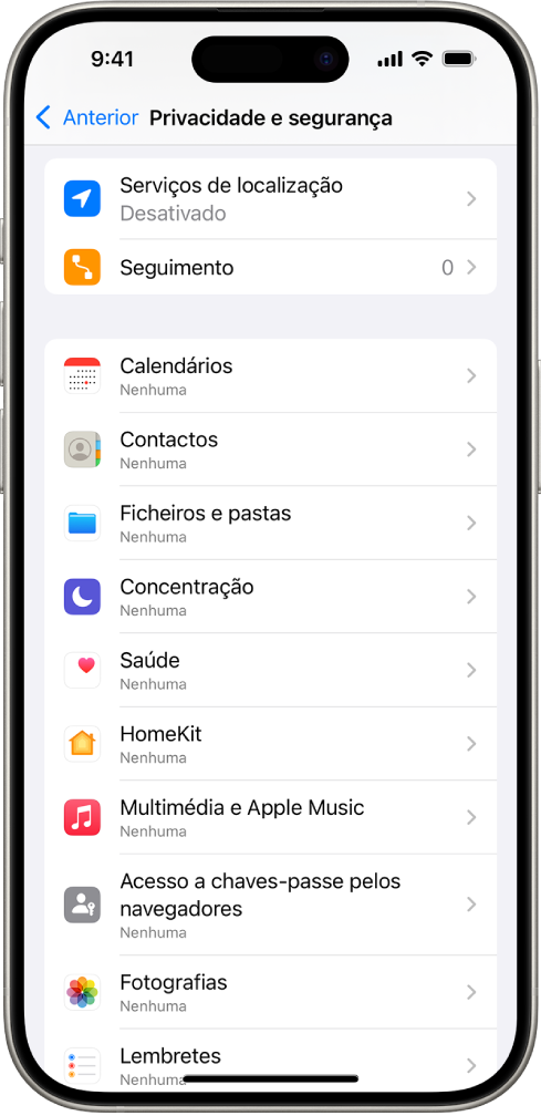 Um iPhone mostra o ecrã Privacidade e segurança nas Definições.