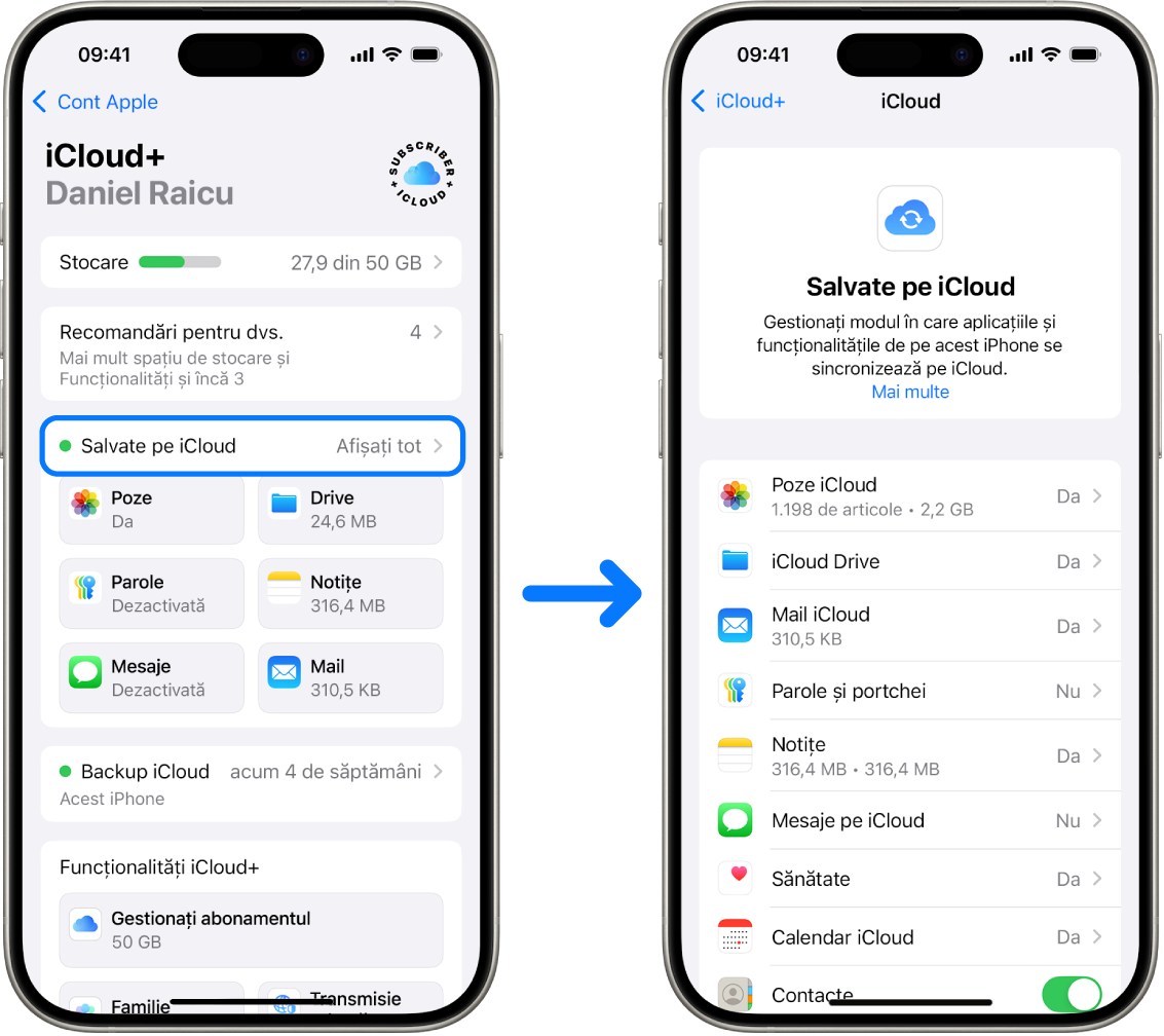Un iPhone prezentând un cont Apple autentificat, cu diverse servicii iCloud activate.