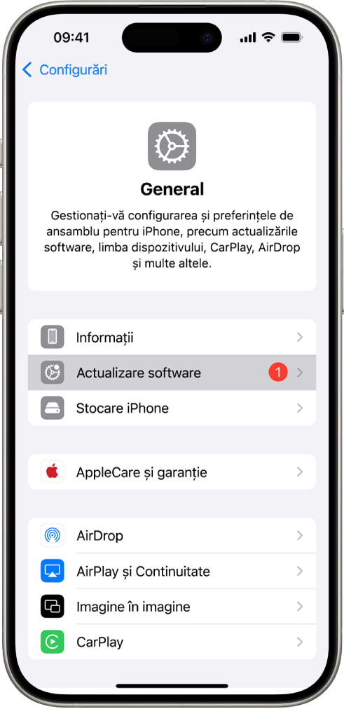 Ecranul unui iPhone indicând faptul că este disponibilă o actualizare software.