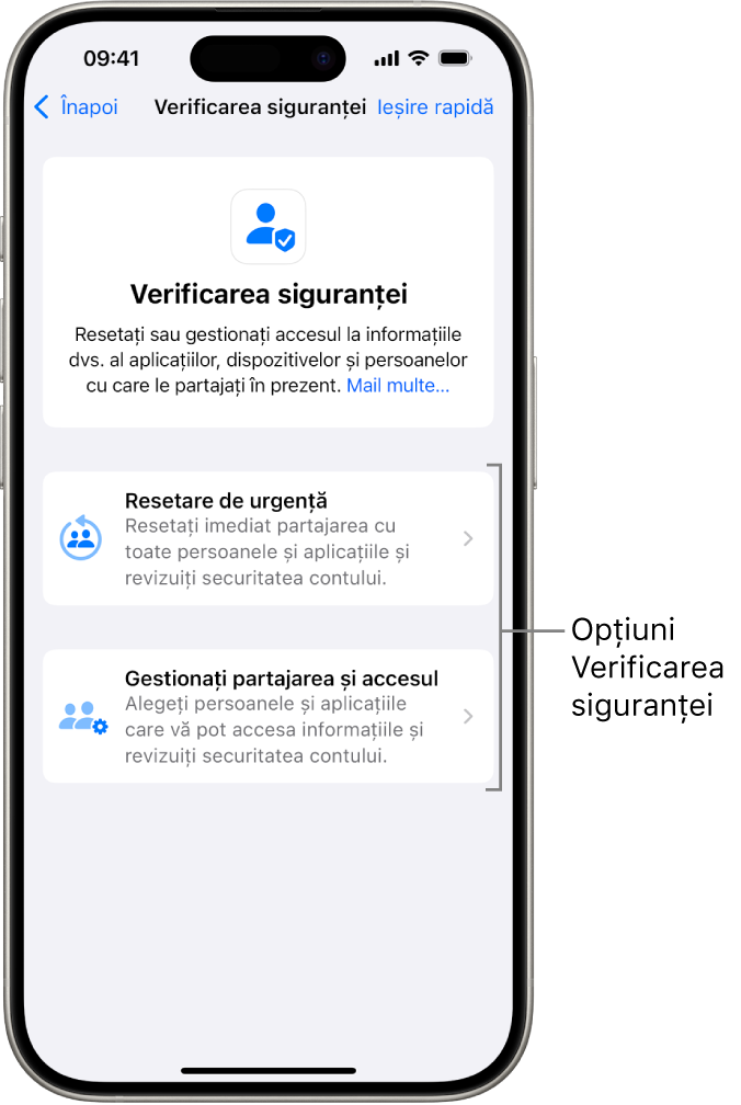Un ecran prezentând cele două opțiuni disponibile în Verificarea siguranței: Resetare de urgență și Gestionați partajarea și accesul.