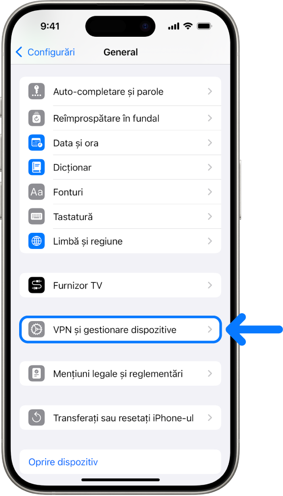 Ecranul unui iPhone cu opțiunea VPN și gestionare dispozitive selectată.