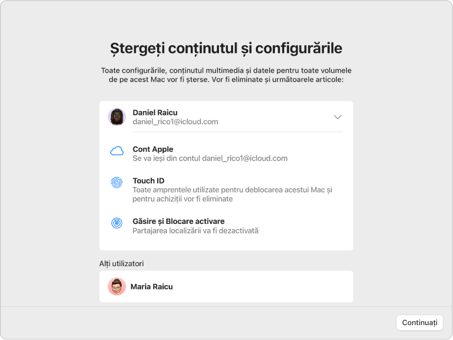 O fereastră de Mac afișând Asistentul Ștergere conținut și configurări.