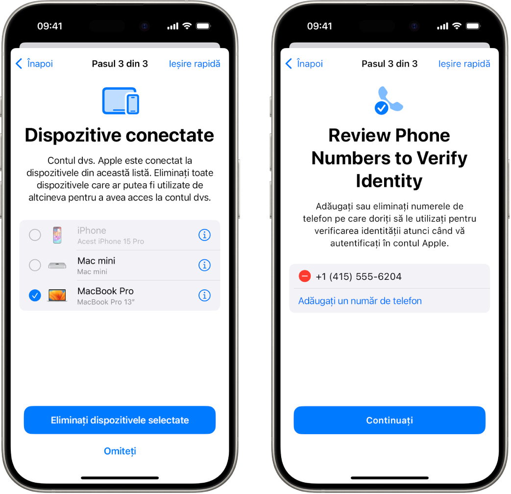 Două ecrane de iPhone prezentând (1) un dispozitiv selectat pentru a fi eliminat dintre dispozitivele de încredere și (2) un ecran pentru editarea numerelor de telefon de încredere.