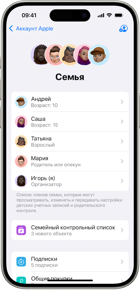 Экран Семейного доступа в Настройках. В списке перечислены пять членов семьи, которым предоставлен доступ к четырем подпискам.